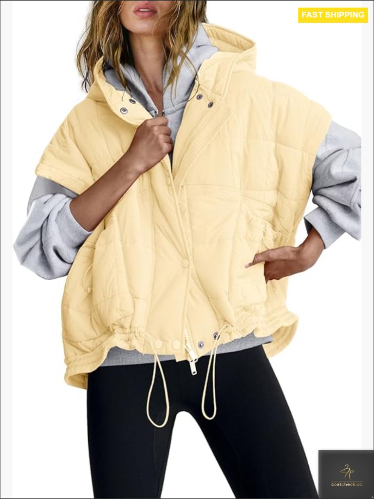 Oversized Quilted Puffer Vest Sleeveless Zip Up Hooded Shacket Poncho